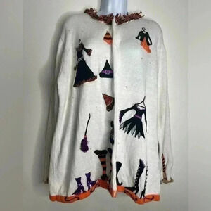 Vintage J Two Newyork Halloween Witch Embroidered Cardigan Sweater Size XL